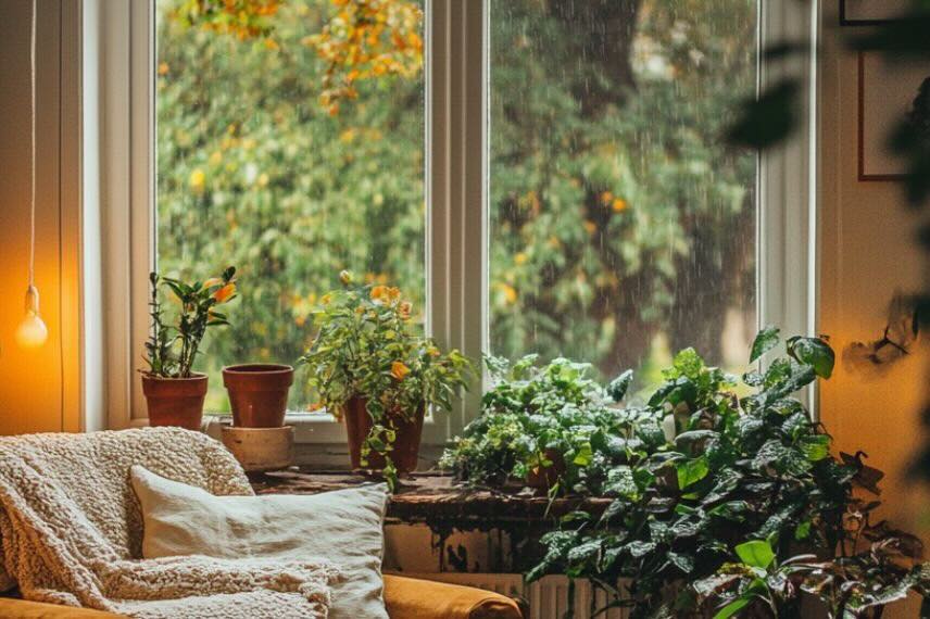 interieur sombre avec plantes