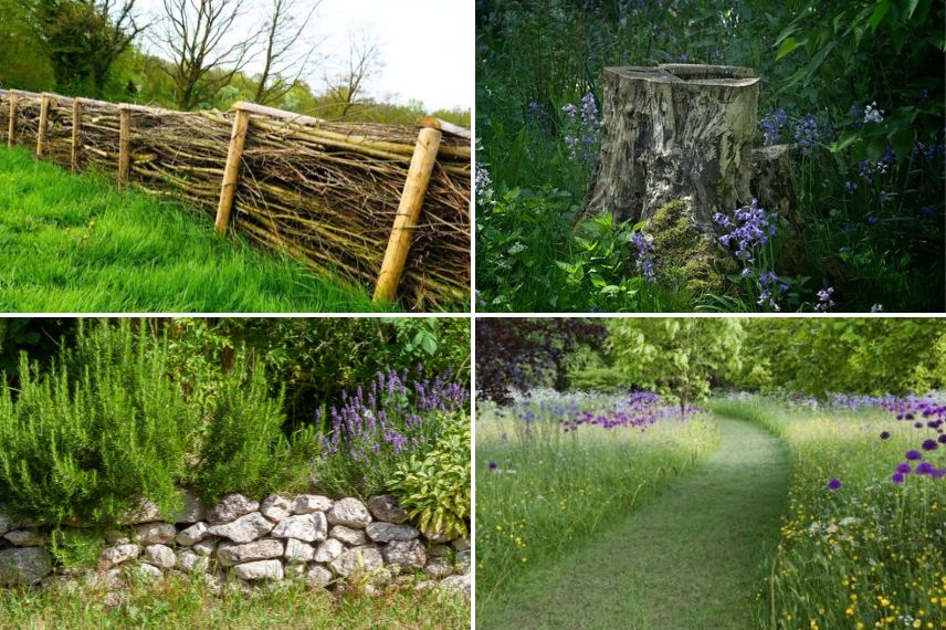 Une haie sèche, une souche d'arbre, un tas de pierres et un jardin partiellement tondu
