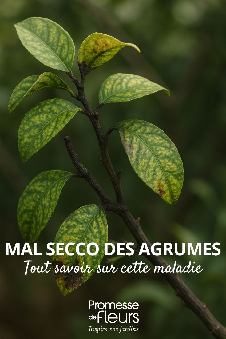 image générée par IA représentant des feuilles d'un citronnier atteintes par le mal secco (marbrures du feuillage et dessèchement de la tige)