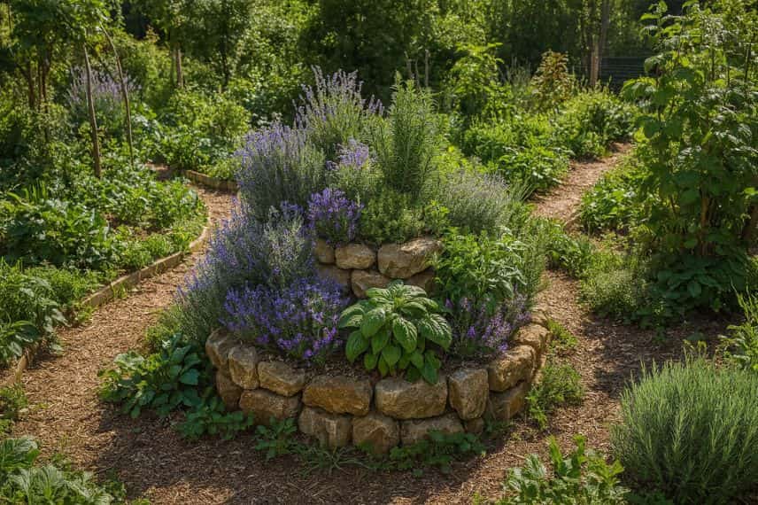 Une spirale de plantes aromatiques dans un jardin en permaculture (image améliorée par IA)
