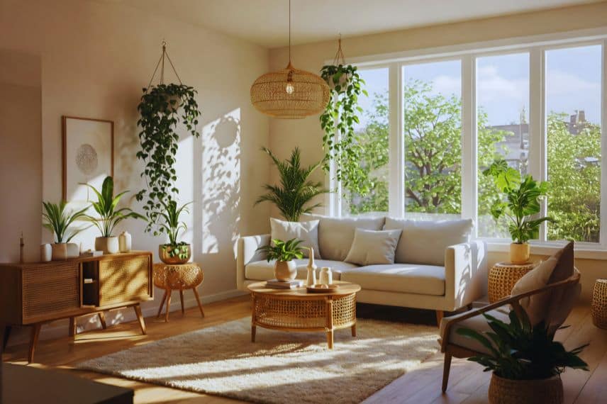 plantes dans un salon chaleureux
