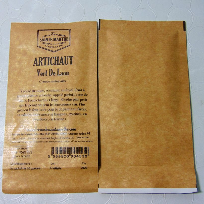 Exemple de spécimen de Artichaut Gros Vert de Laon NT - Ferme de Sainte Marthe le sachet de 30 graines environ (minimum 2g) tel que livré