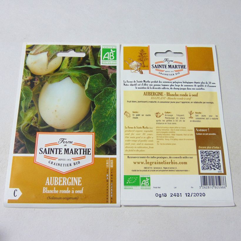 Example of Aubergine Blanche Ronde à Oeuf - Bio - Ferme de Sainte Marthe le sachet de 40 graines environ (0.18g) as you get