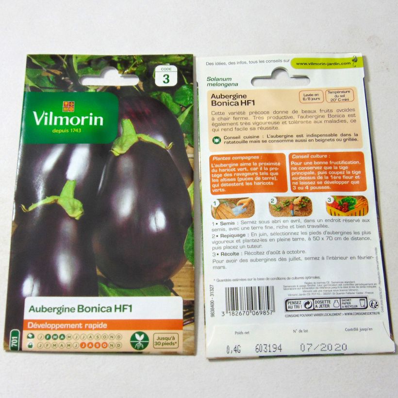 Exemple de spécimen de Aubergine Bonica F1 - Vilmorin le sachet de 50 graines environ (0.4g) tel que livré