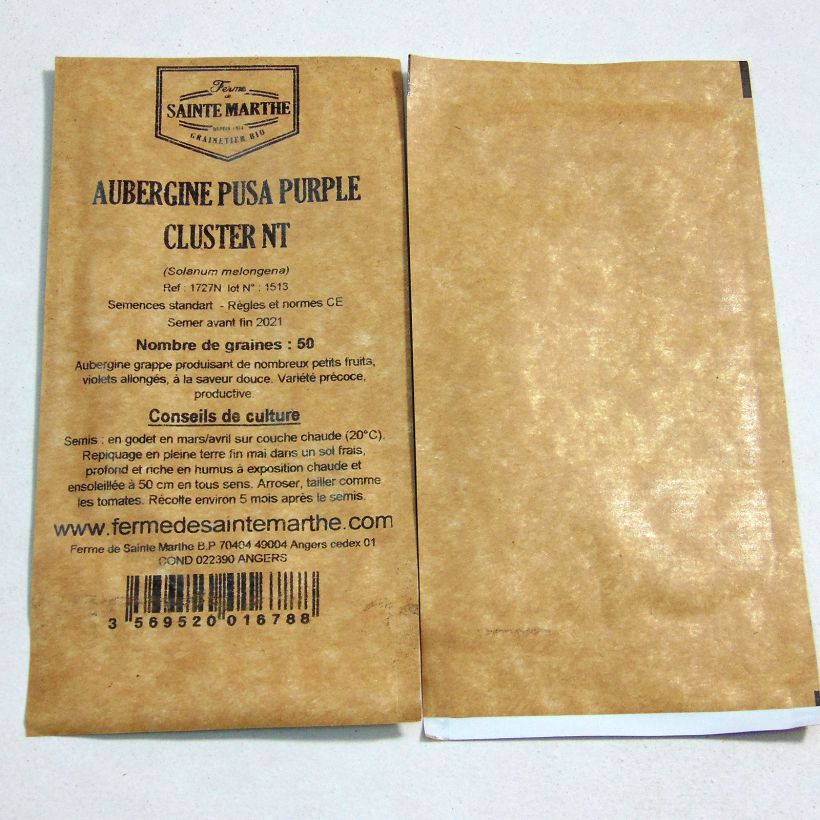 Exemple de spécimen de Aubergine Pusa Purple Cluster NT - Ferme de Sainte Marthe le sachet de 50 graines environ tel que livré