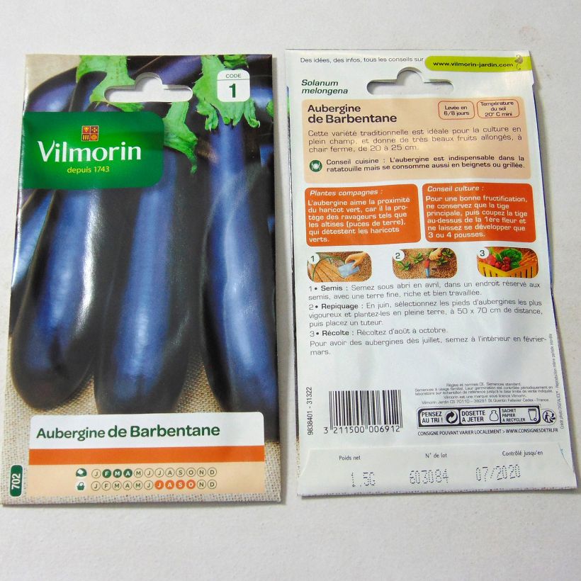 Exemple de spécimen de Aubergine de Barbentane - Vilmorin le sachet de 200 graines environ (1g) tel que livré