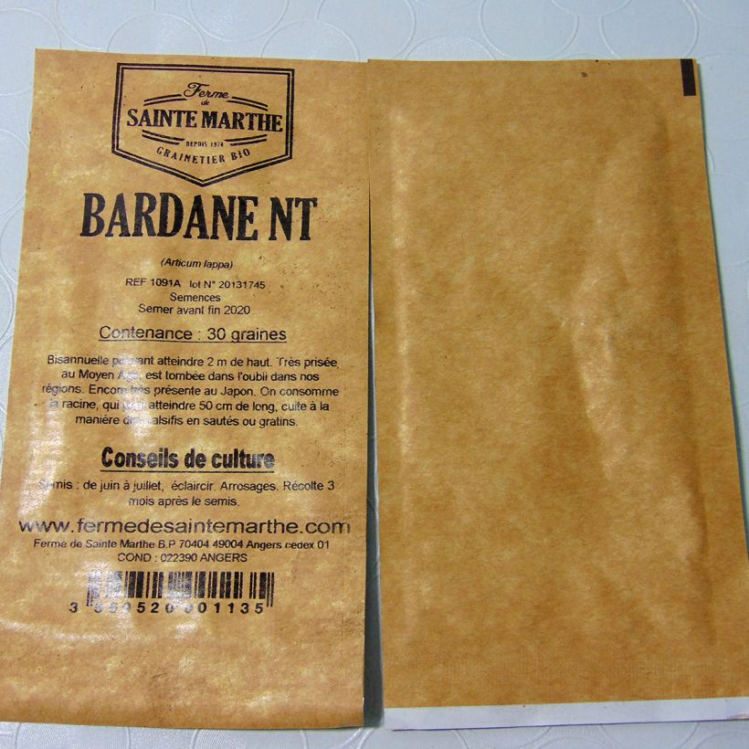 Exemple de spécimen de Bardane NT - Ferme de Sainte Marthe le sachet de +/- 150 graines environ (minimum 1g) tel que livré