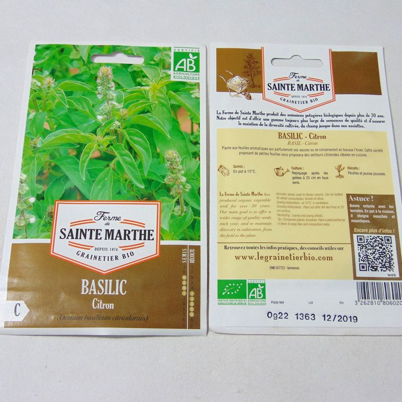 Exemple de spécimen de Basilic Citron Bio – Ferme de Sainte Marthe le sachet de 150 graines environ (0.22g) tel que livré