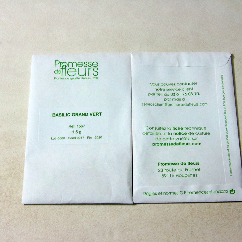 Exemple de spécimen de Basilic Grand vert le sachet de +/- 800 graines environ (minimum 1,5g) tel que livré