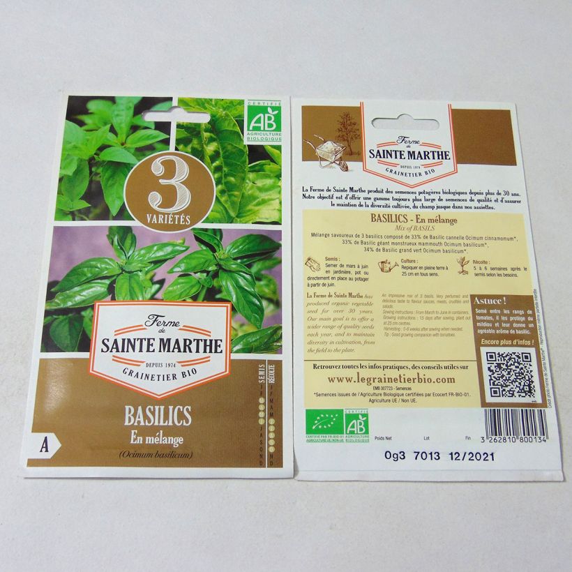 Exemple de spécimen de Basilics en mélange (Basilic Cannelle - Basilic Géant Monstrueux - Basilic Grand Vert) - Bio - Ferme de Sainte Marthe le sachet de 150 graines environ (0.3g) tel que livré