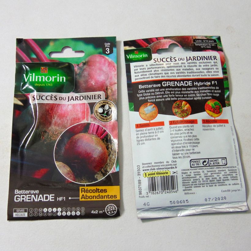 Exemple de spécimen de Betterave rouge Grenade F1 (co-obtention INRA - ADIB - VIL) - Vilmorin le sachet de 200 graines environ (4g) tel que livré