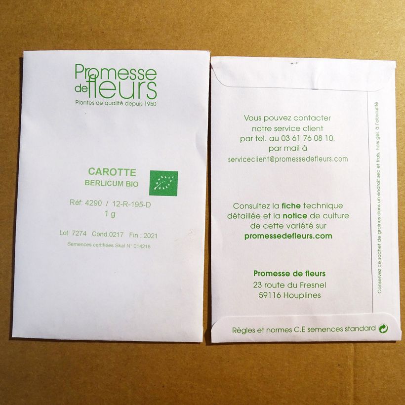 Exemple de spécimen de Carotte Berlikum 2 BIO le sachet de +/- 750 graines environ (minimum 1g) tel que livré