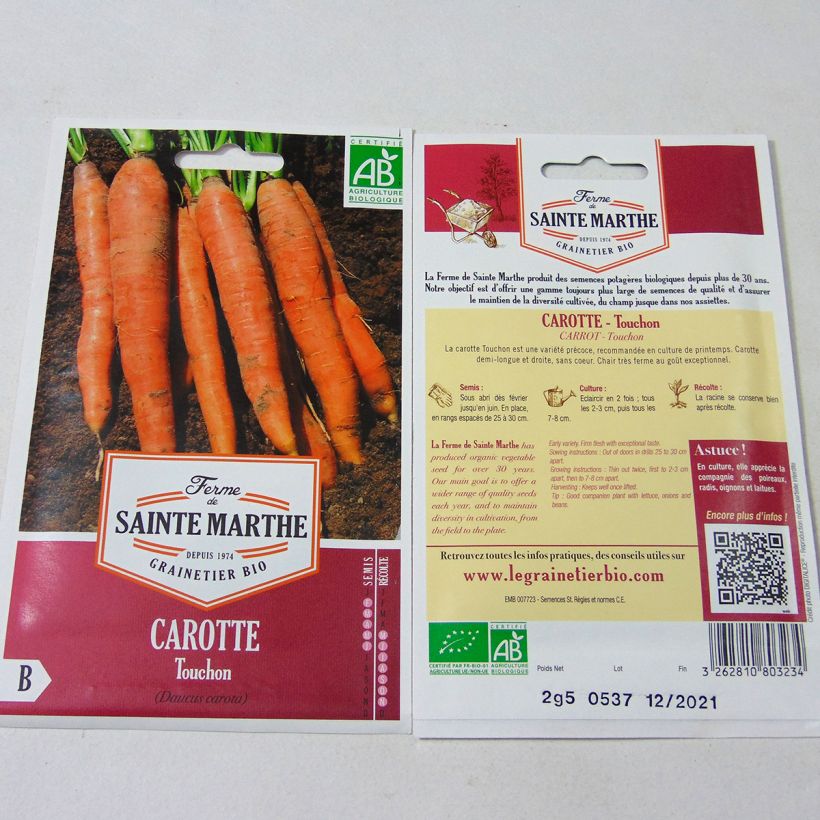 Exemple de spécimen de Carotte Touchon Bio - Ferme de Sainte Marthe le sachet de 1700 graines environ (2.5g) tel que livré