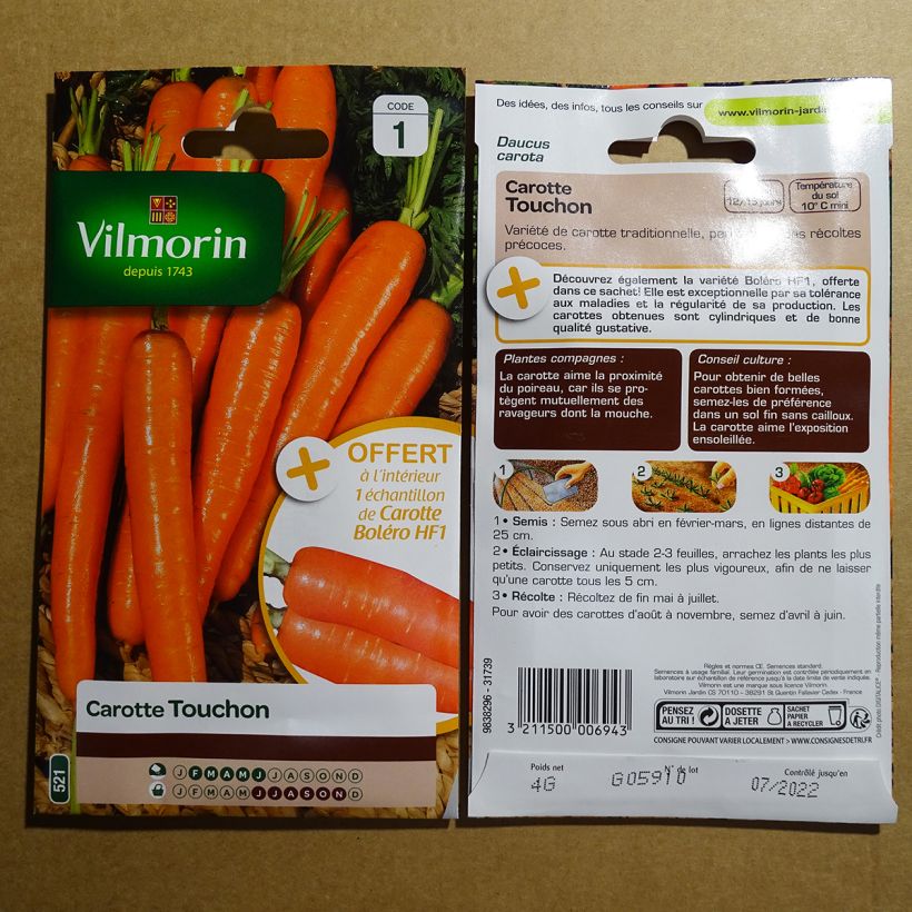 Example of Carotte Touchon + échantillon carotte Boléro - Vilmorin le sachet de 2000 graines environ (4g) as you get