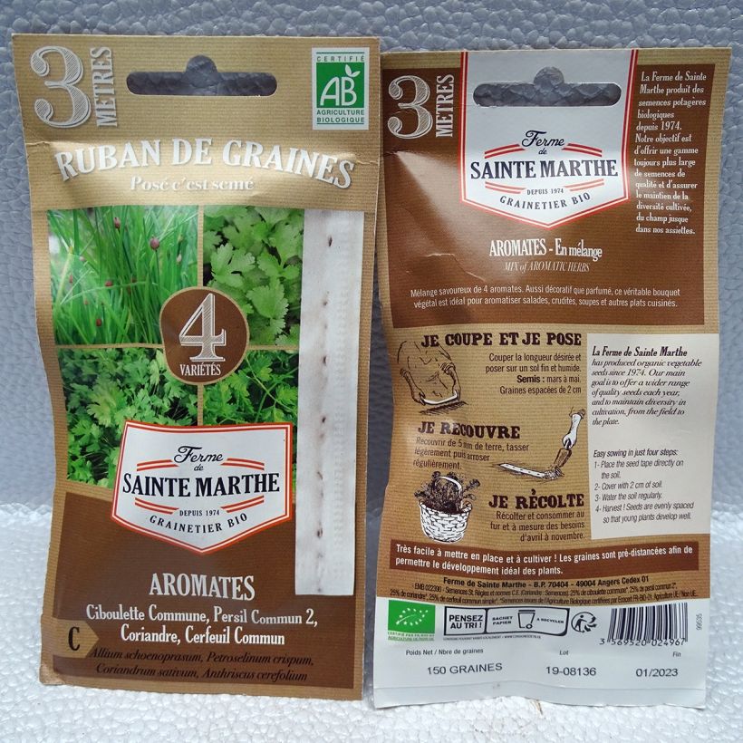 Exemple de spécimen de Carte Ruban d'Aromates en mélange (Ciboulette commune - Persil commun 2 - Coriandre - Cerfeuil commun) - Bio - Ferme de Sainte Marthe Livré en ruban de 3 mètres tel que livré