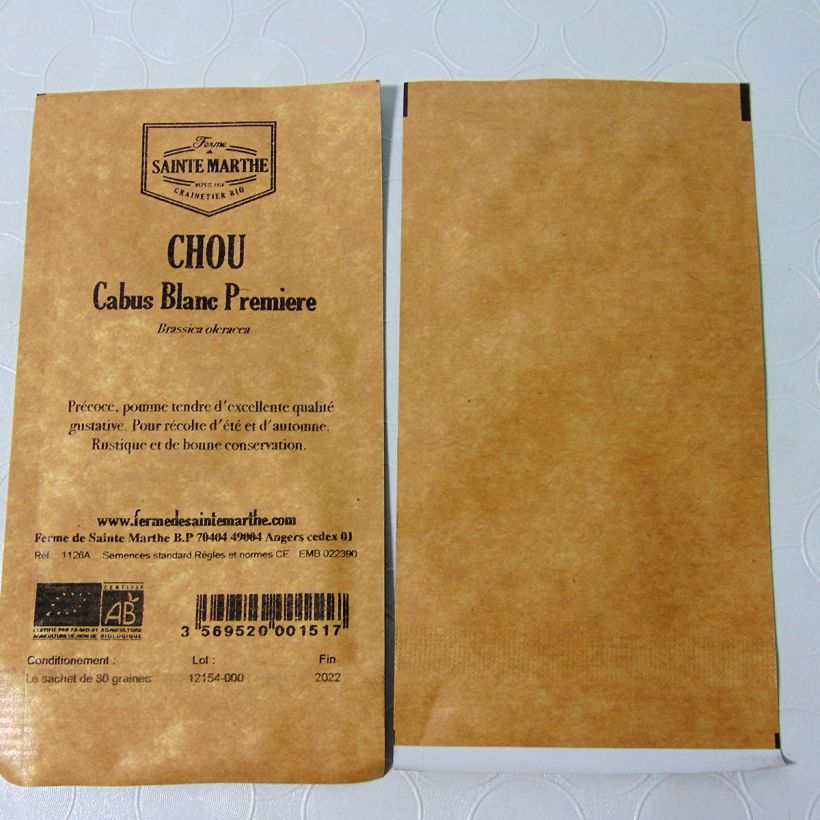 Exemple de spécimen de Chou Cabus Blanc Première Bio - Ferme de Sainte Marthe le sachet de 80 graines environ tel que livré