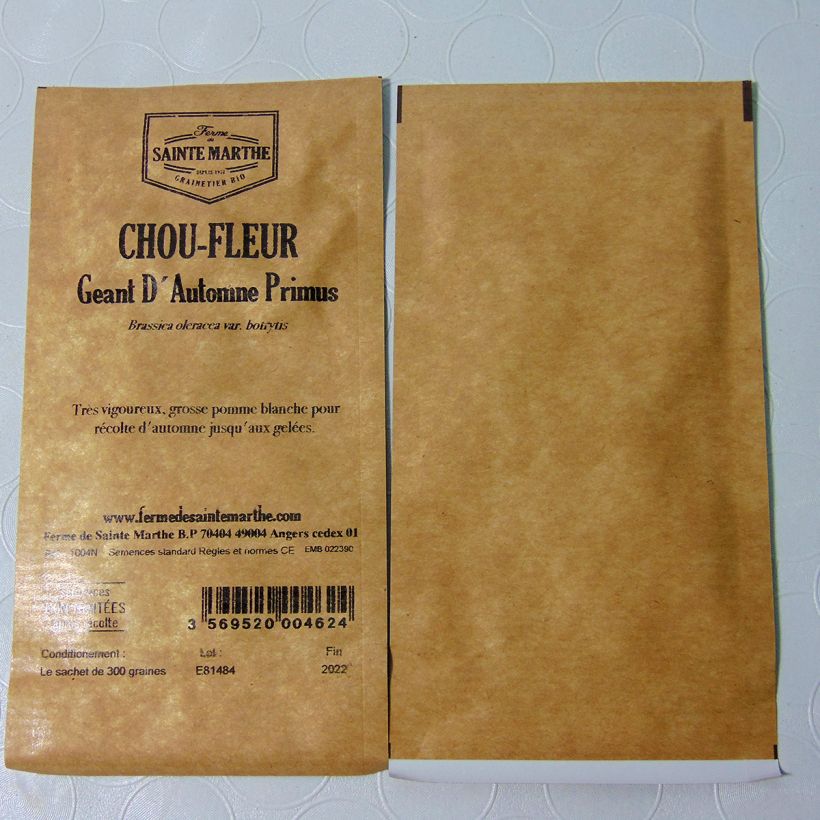 Exemple de spécimen de Chou-Fleur Géant d'Automne Primus NT - Ferme de Sainte Marthe le sachet de 300 graines environ (1g) tel que livré