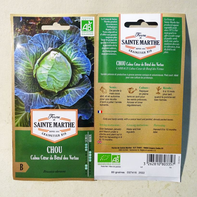 Exemple de spécimen de Chou cabus Cœur de Boeuf des Vertus Bio - Ferme de Ste Marthe le sachet de 250 graines environ (minimum 1g) tel que livré
