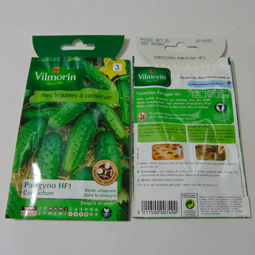 Exemple de spécimen de Cornichon Parigyno HF1 (Création Vilmorin) - Vilmorin le sachet de 50 graines environ (2g) tel que livré