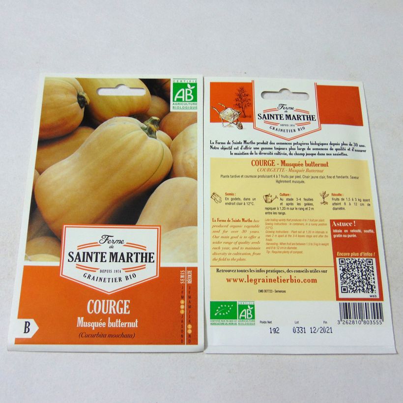 Exemple de spécimen de Courge Butternut Bio - Ferme de Sainte Marthe le sachet de 10 graines environ (1.2g) tel que livré