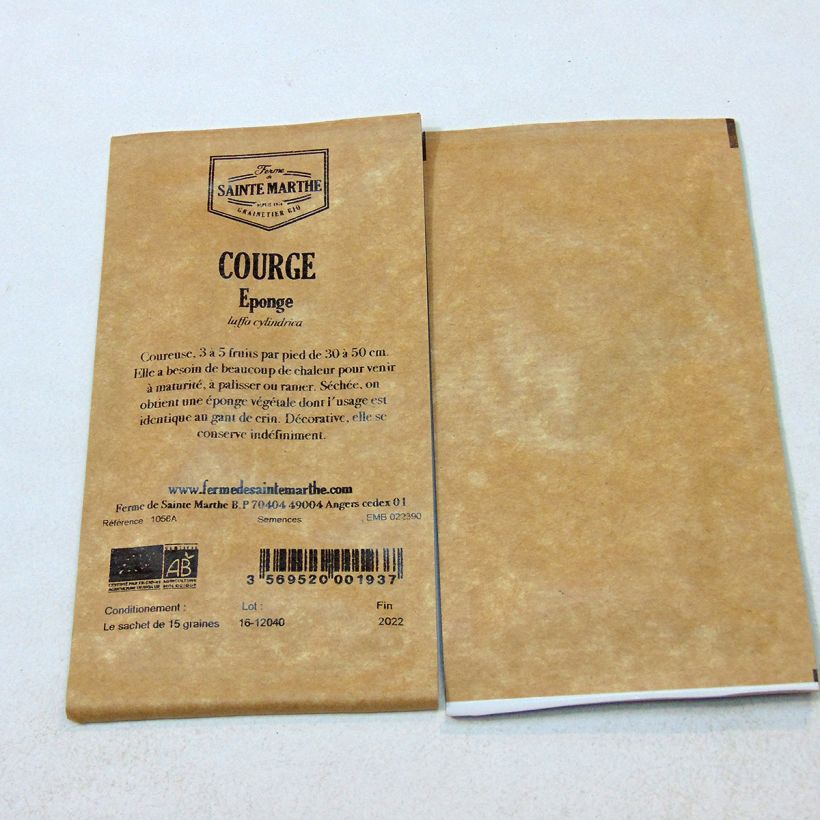 Exemple de spécimen de Courge Eponge ou Luffa Bio - Ferme de Sainte Marthe le sachet de 15 graines environ tel que livré