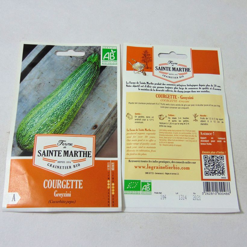 Example of Courgette Greyzini Bio - Ferme de Sainte Marthe le sachet de 10 graines environ (1.2g) as you get