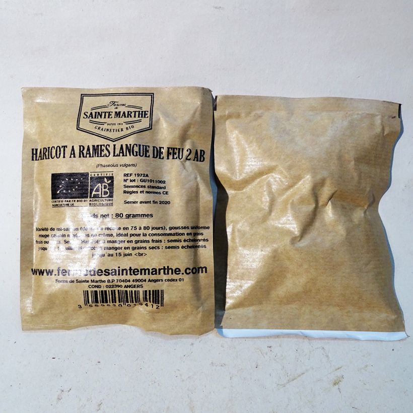 Exemple de spécimen de Haricot Langue de Feu 2 (à rame à écosser) Bio - Ferme de Sainte Marthe le sachet de 160 graines environ (80g) tel que livré