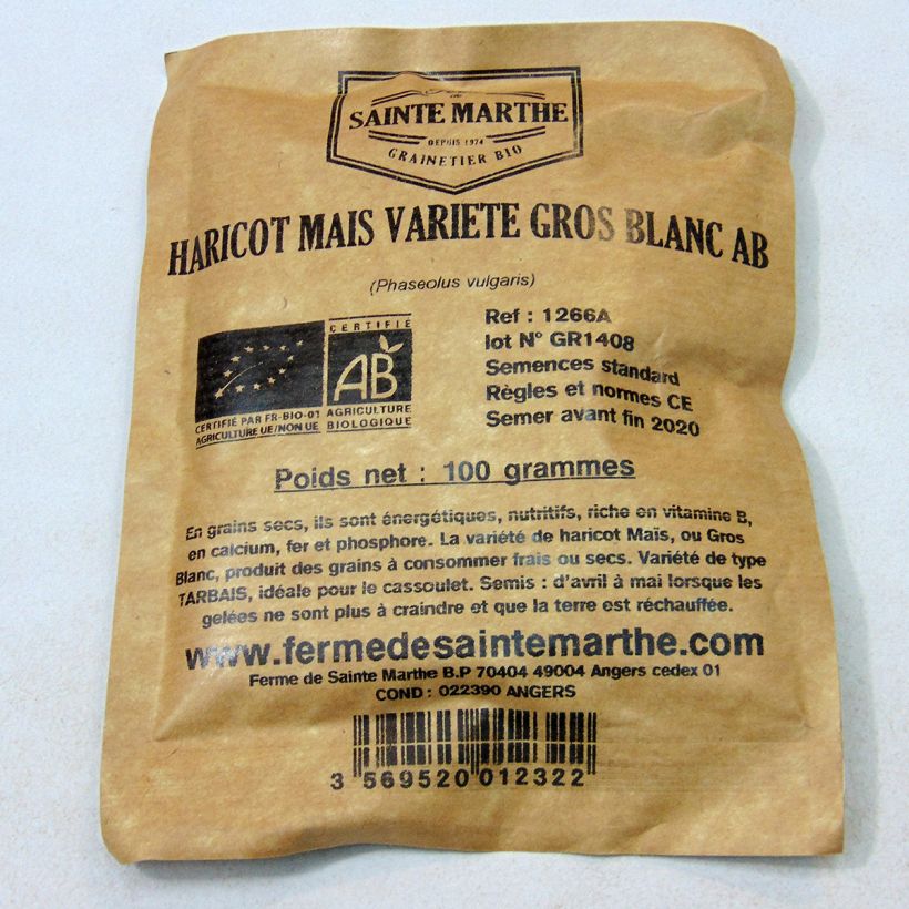 Exemple de spécimen de Haricot à rames à écosser Maïs Variété Gros Blanc Bio - Ferme de Sainte Marthe le sachet de 150 graines environ (80g) tel que livré
