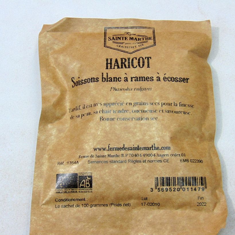 Exemple de spécimen de Haricot à rames à écosser Soissons gros blanc Bio - Ferme de Sainte Marthe  le sachet de 200 graines environ (100g) tel que livré