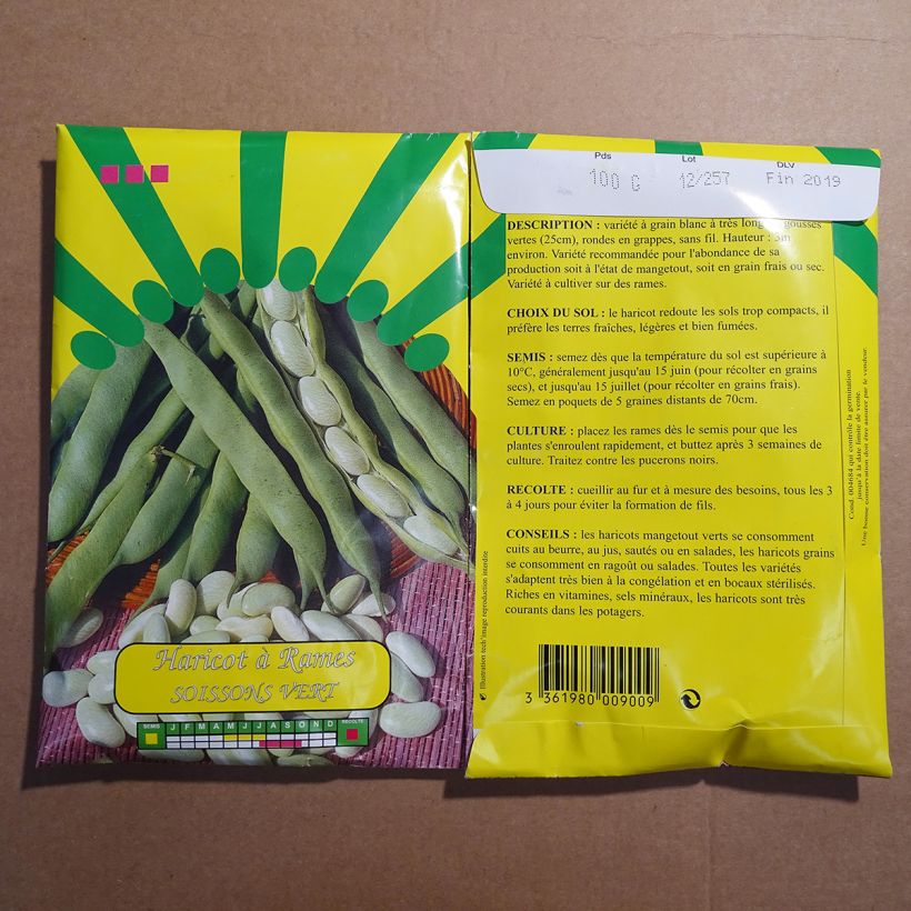 Exemple de spécimen de Haricot à rames à écosser Soissons vert le sachet de 200 graines environ (100g) tel que livré