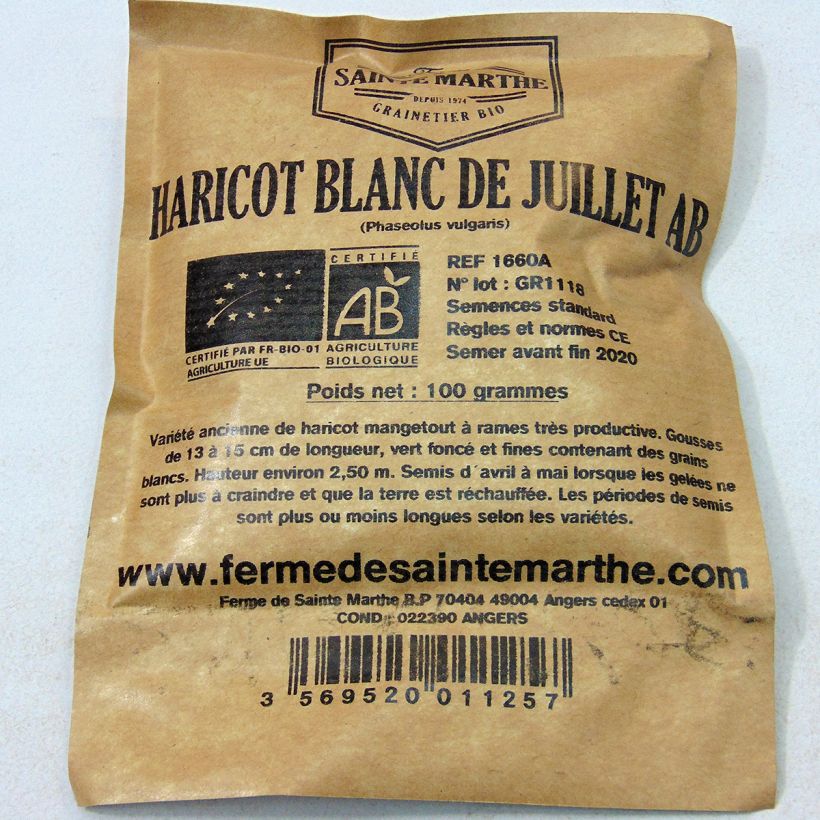 Exemple de spécimen de Haricot à rames mangetout Blanc de Juillet Bio - Ferme de Sainte Marthe le sachet de 200 graines environ (80g) tel que livré