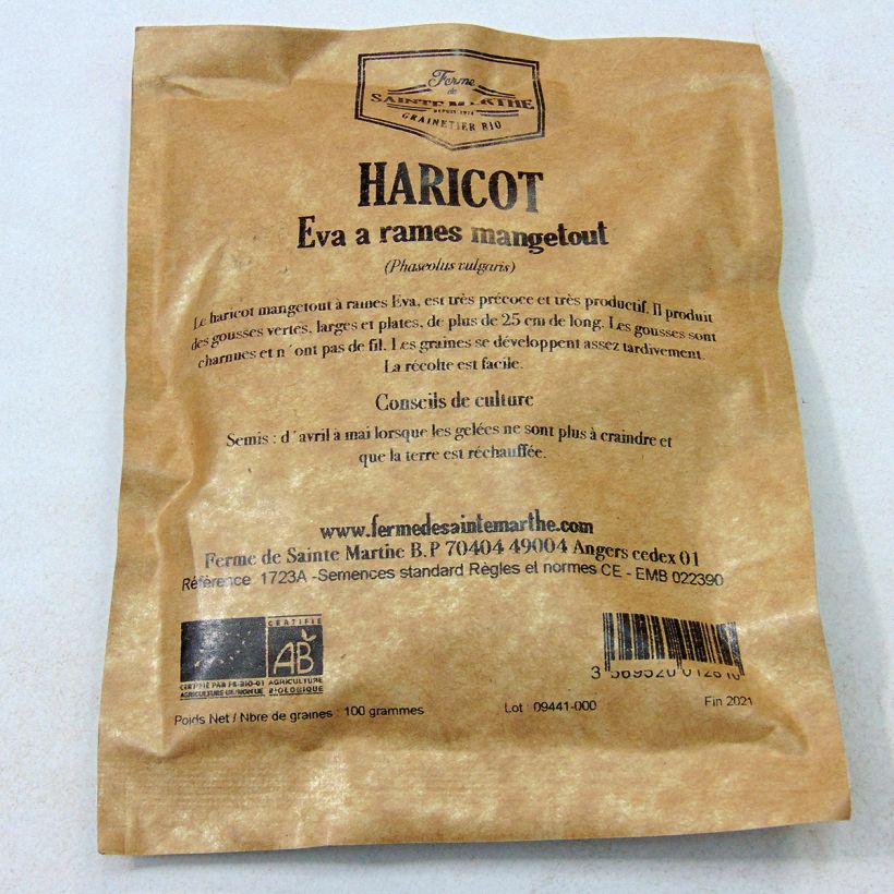 Example of Haricot à rames mangetout Eva Bio - Ferme de Sainte Marthe le sachet de 150 graines environ (80g) as you get