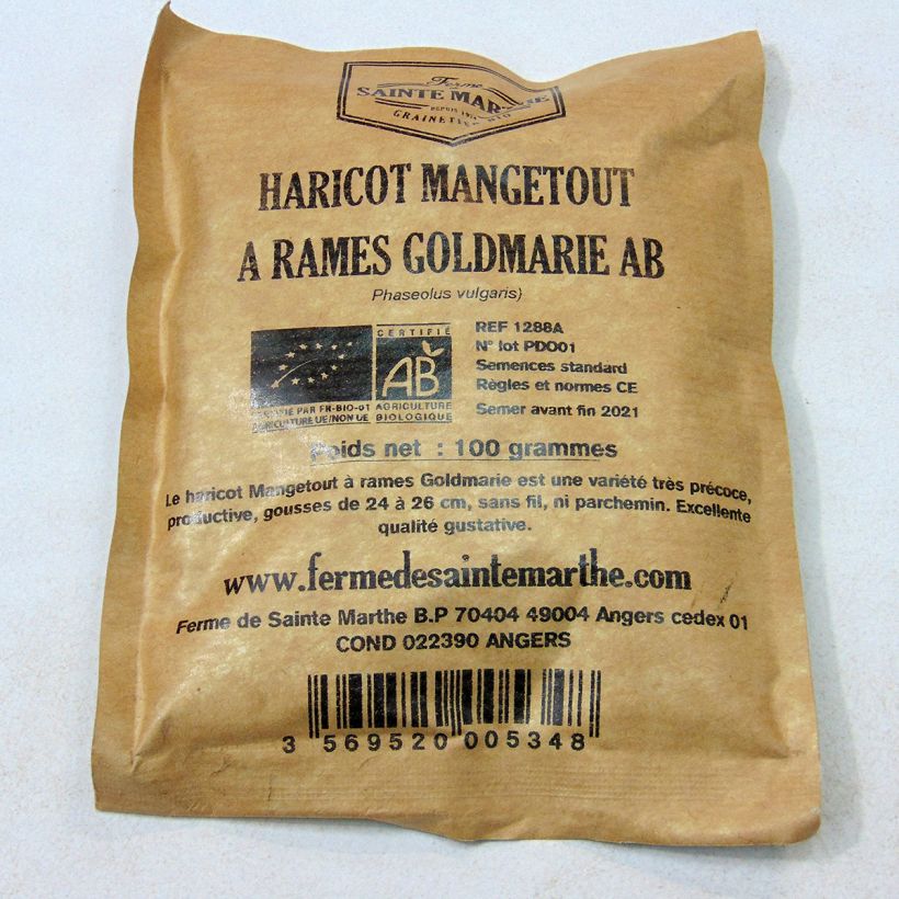 Example of Haricot à rames mangetout beurre Goldmarie (gousses plates) Bio - Ferme de Sainte Marthe  le sachet de 200 graines environ (100g) as you get