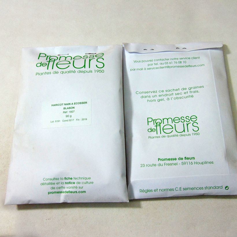 Exemple de spécimen de Haricot nain à écosser Blason le sachet de +/- 150 graines environ (minimum 90g) tel que livré