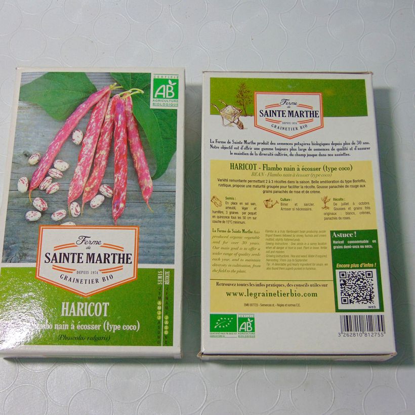 Exemple de spécimen de Haricot nain à écosser Flambo Bio - Ferme de Sainte Marthe  le sachet de 180 graines environ (80g) tel que livré