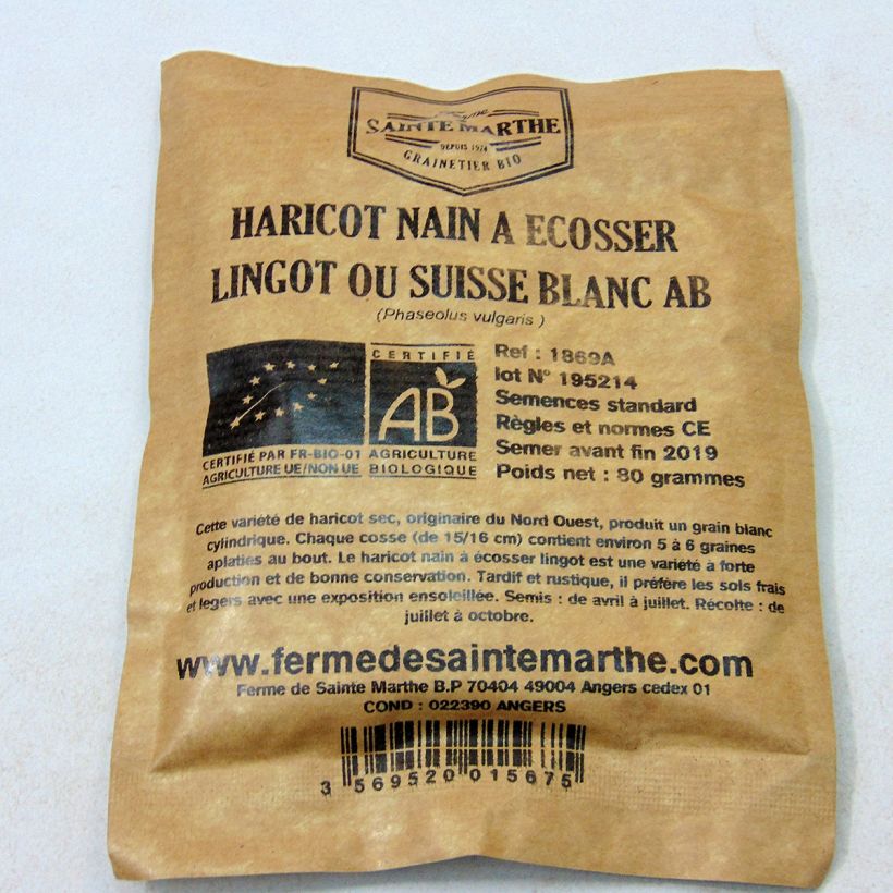 Exemple de spécimen de Haricot nain à écosser Lingot suisse blanc Bio - Ferme de Sainte Marthe le sachet de 160 graines environ (80g) tel que livré