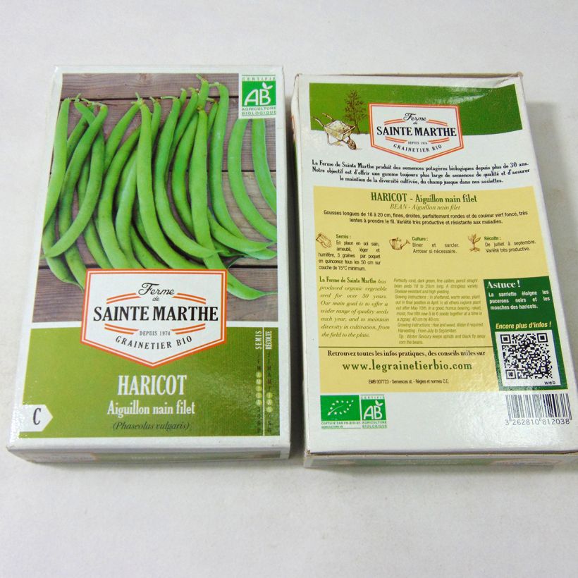 Exemple de spécimen de Haricot nain à filet Aiguillon Bio - Ferme de Sainte Marthe le sachet de graines de 80 grammes tel que livré