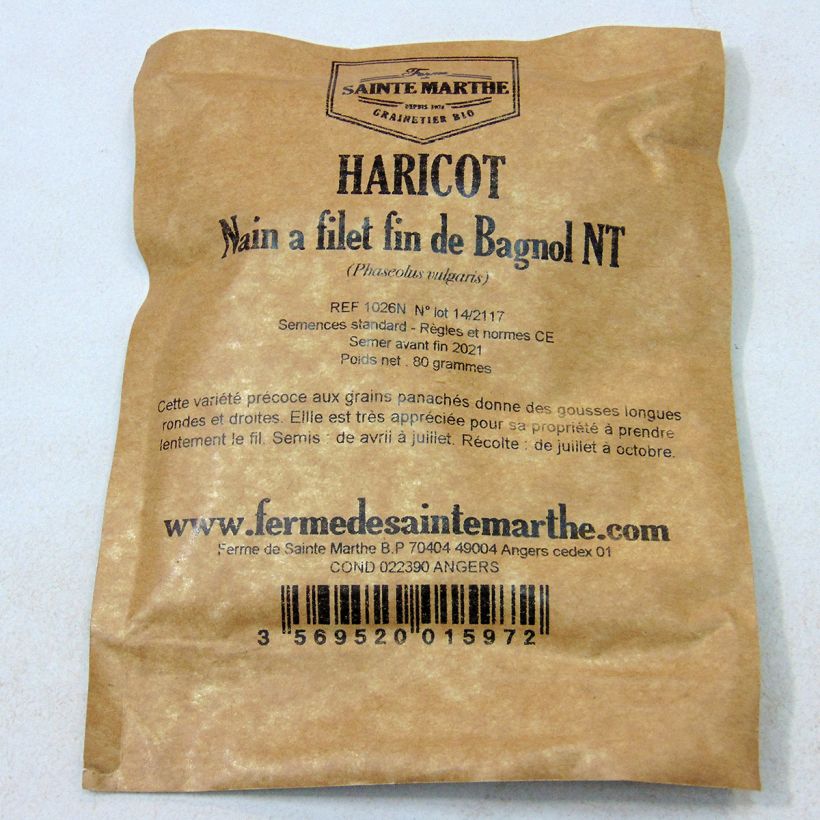 Exemple de spécimen de Haricot nain à filet Fin de Bagnols NT - Ferme de Sainte Marthe le sachet de 160 graines environ (80g) tel que livré
