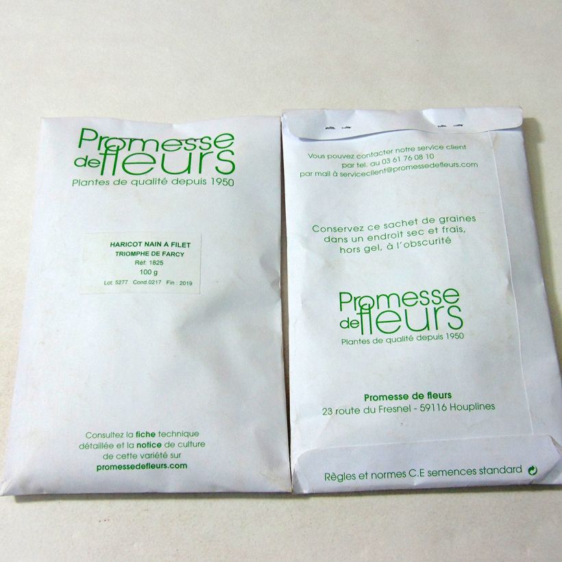 Exemple de spécimen de Haricot nain à filet Triomphe de Farcy le sachet de +/- 250 graines environ (minimum 100g) tel que livré