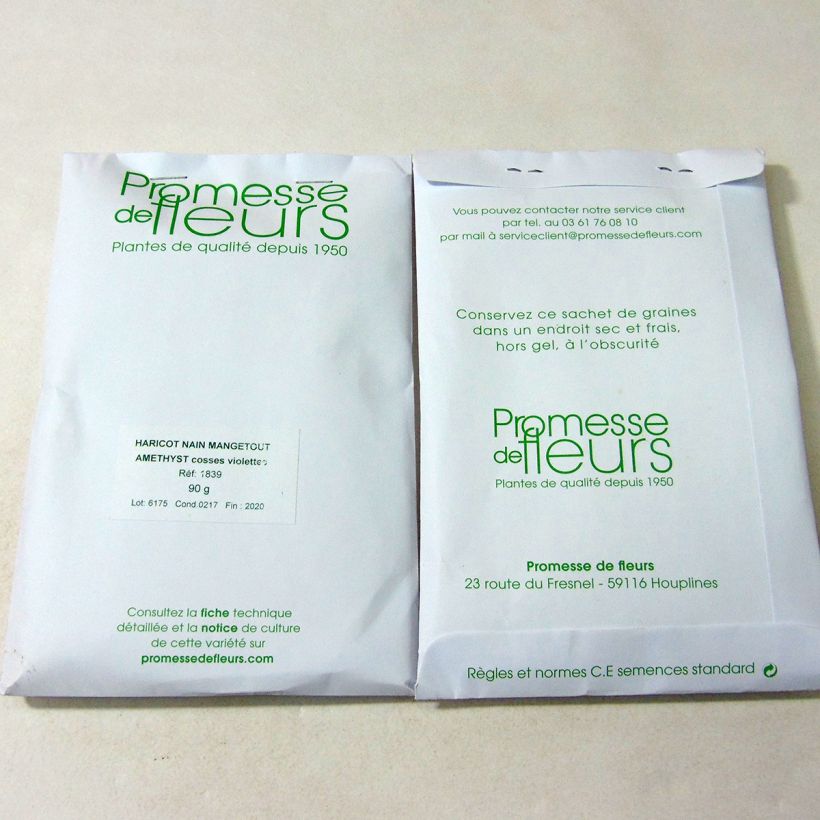 Exemple de spécimen de Haricot nain mangetout Amethyst le sachet de +/- 225 graines environ (minimum 90g) tel que livré