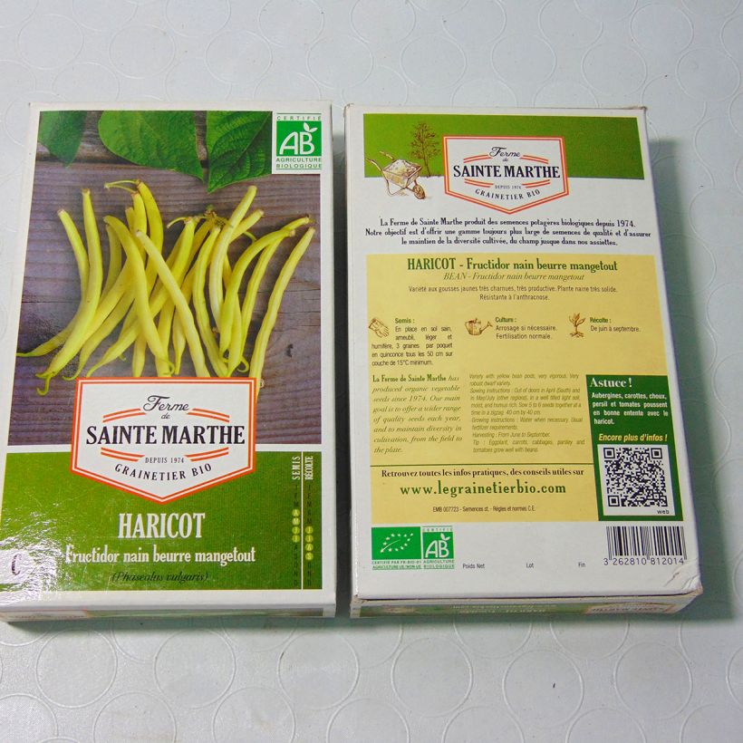 Exemple de spécimen de Haricot nain mangetout beurre Fructidor Bio - Ferme de Sainte Marthe  le sachet de 160 graines environ (80g) tel que livré