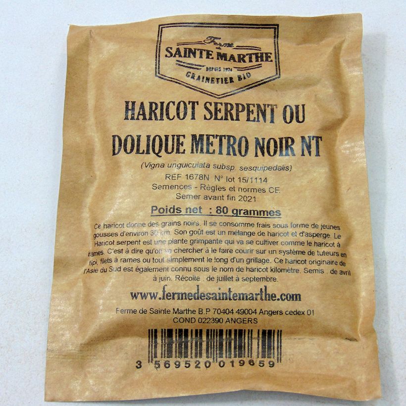 Exemple de spécimen de Haricot serpent ou Dolique Metro noir NT - Ferme de Sainte Marthe le sachet de 160 graines environ (80g) tel que livré