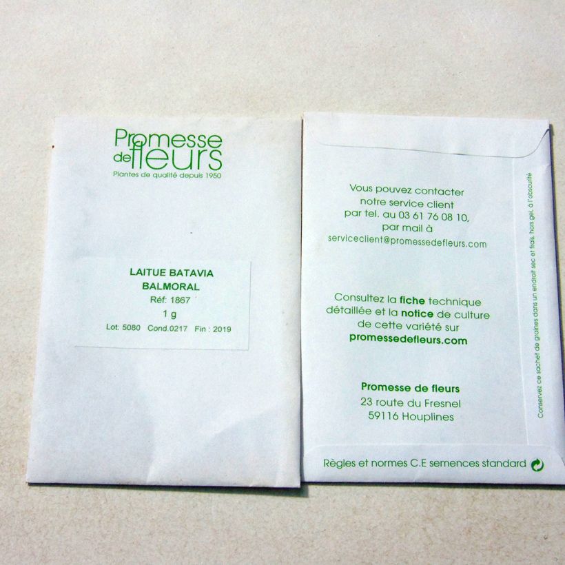 Exemple de spécimen de Laitue Batavia Balmoral le sachet de graines de minimum 1 grammes tel que livré