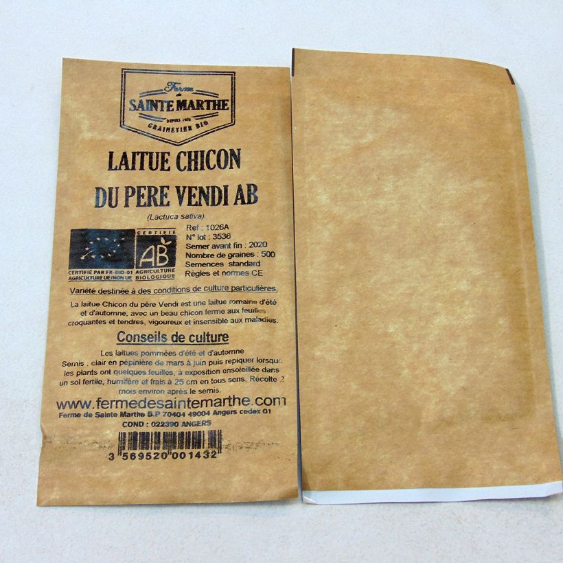 Exemple de spécimen de Laitue Romaine Chicon du Père Vendi Bio - Ferme de Sainte Marthe le sachet de 500 graines environ tel que livré