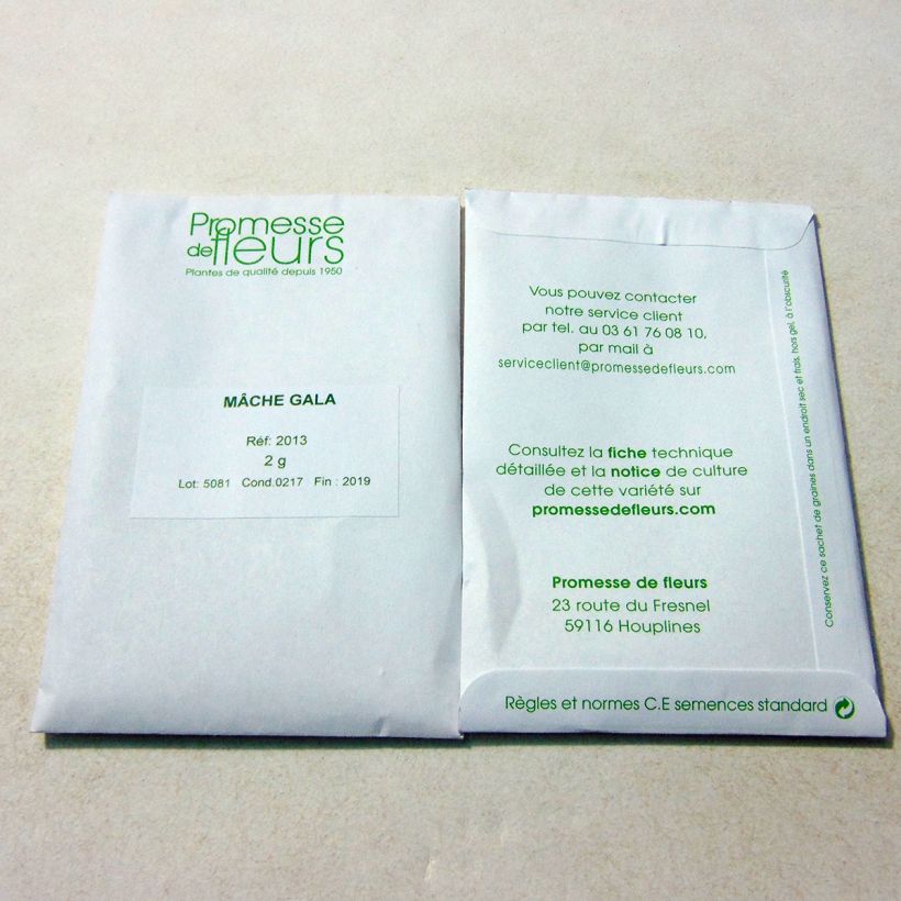 Exemple de spécimen de Mâche Gala le sachet de +/- 1500 graines environ (minimum 2g) tel que livré