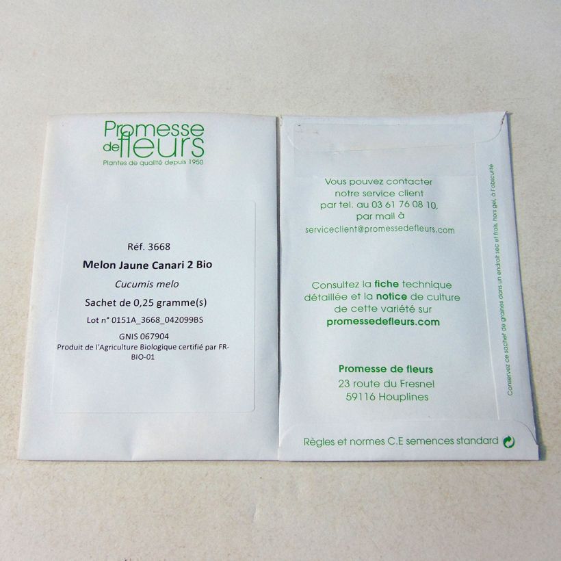 Exemple de spécimen de Melon Jaune Canari 2 Bio le sachet de 8 graines environ (0.25g) tel que livré