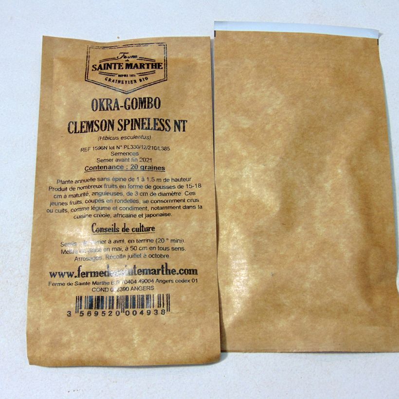 Exemple de spécimen de Okra Gombo Clemson Spineless NT - Ferme de Sainte Marthe le sachet de 20 graines environ (1g) tel que livré