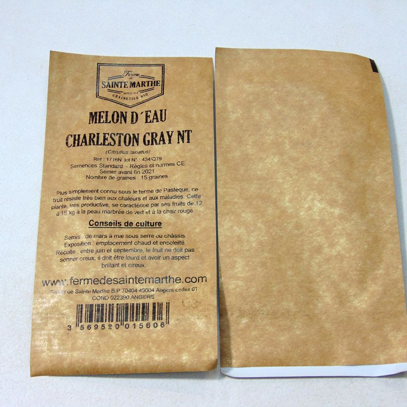 Exemple de spécimen de Pastèque Charleston Grey NT (Melon d'eau) - Ferme de Sainte Marthe le sachet de 15 graines environ (1g) tel que livré