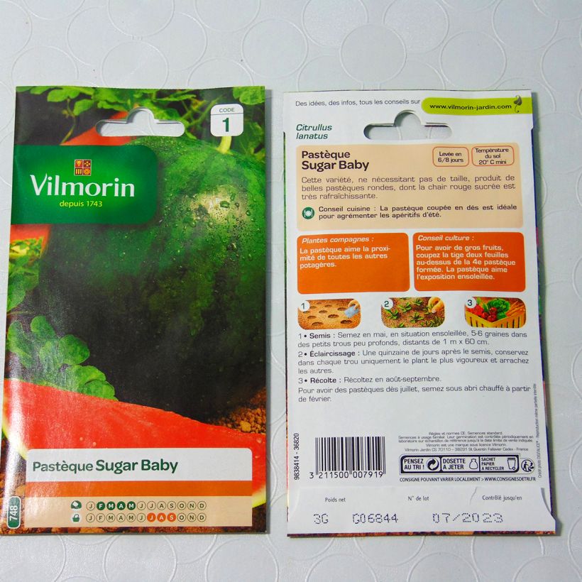 Exemple de spécimen de Pastèque Sugar Baby - Vilmorin le sachet de graines de 3 grammes tel que livré