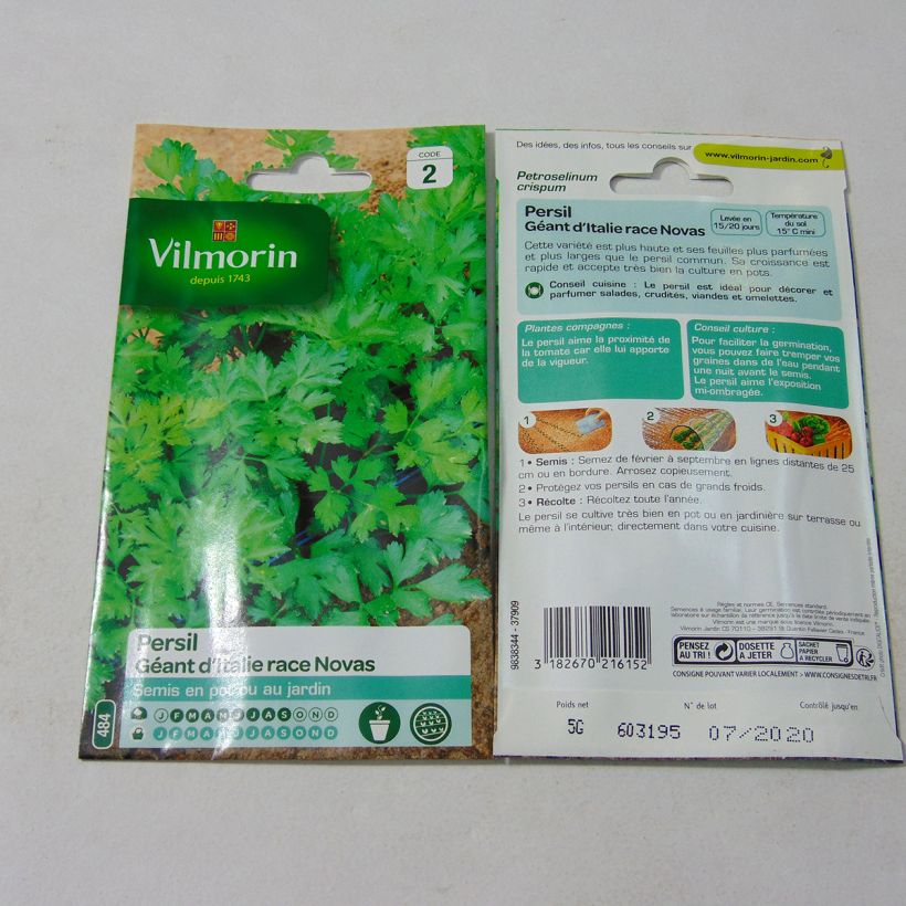 Exemple de spécimen de Persil Géant d'Italie race Novas - Vilmorin le sachet de 3000 graines environ (5g) tel que livré